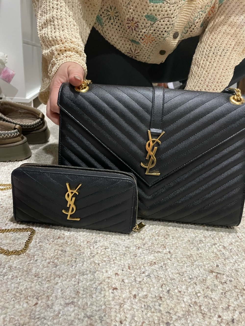 Saint Laurent Black Quilted Leather Shoulder Bag with Zip Wallet